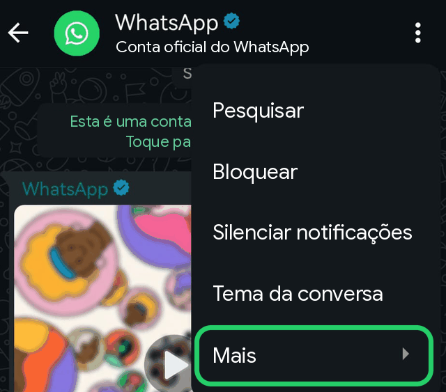 Menu do WhatsApp no Android com a opção Mais