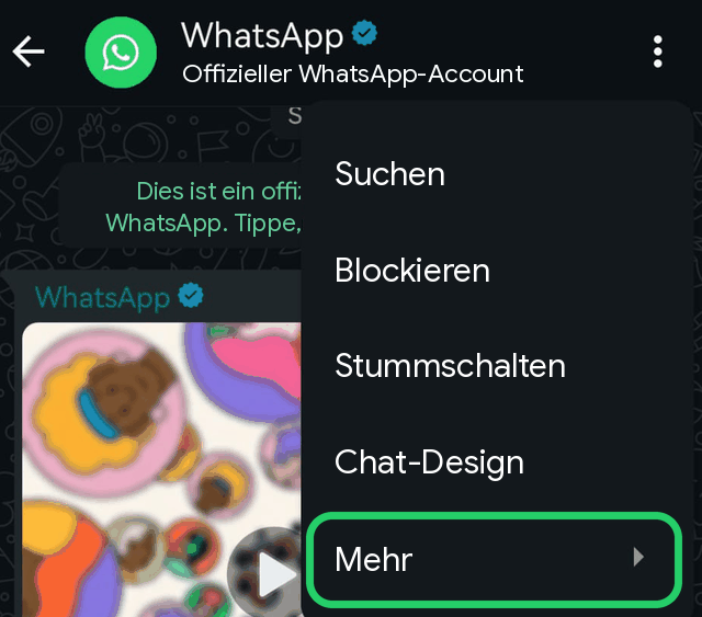 WhatsApp-Menü auf Android mit der Option Mehr