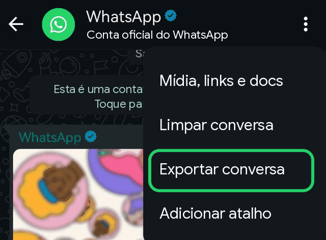 Opção Exportar conversa do WhatsApp no Android