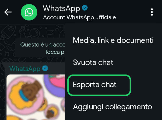Opzione Esporta chat di WhatsApp su Android