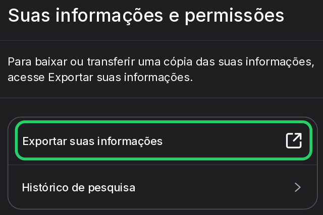 Opção Exportar suas informações