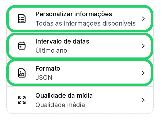 Configurações da exportação: informações, período e formato