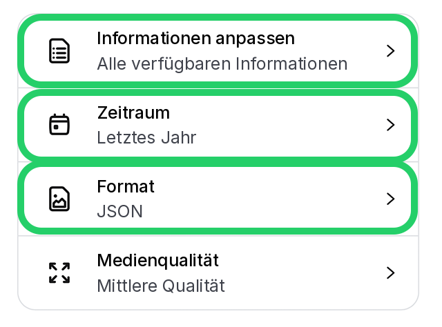 Export-Einstellungen: Informationen, Zeitraum und Format