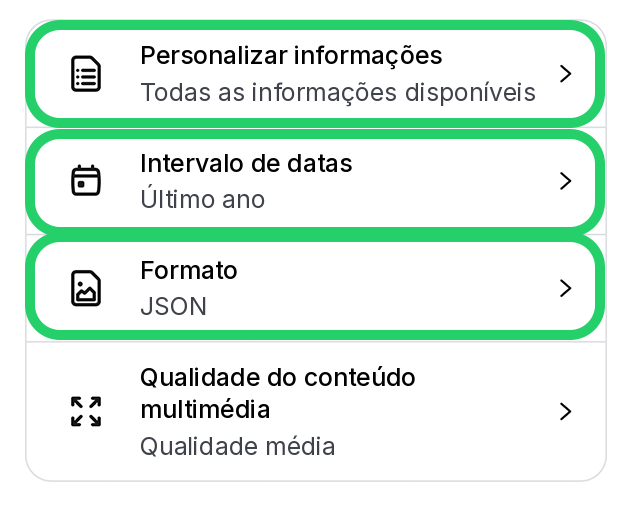 Definições da exportação: informações, datas e formato