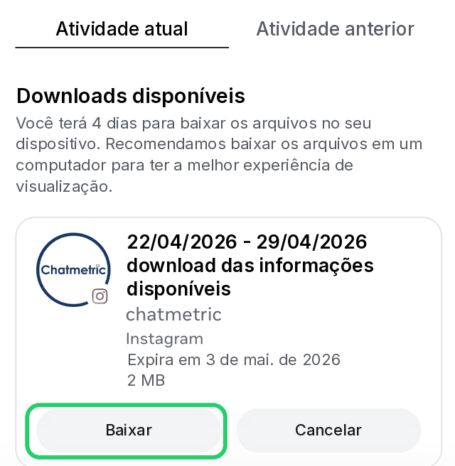 Exportação de dados do Instagram pronta para baixar
