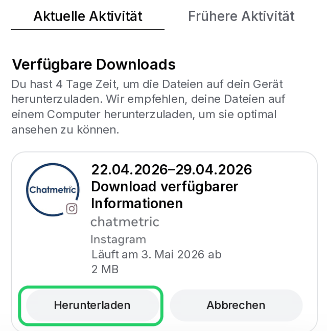 Instagram-Datenexport bereit zum Herunterladen