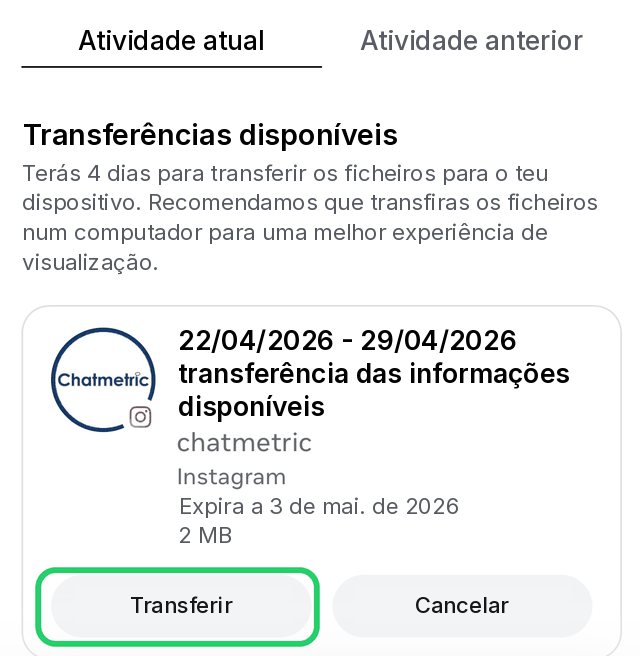 Exportação de dados do Instagram pronta para transferir